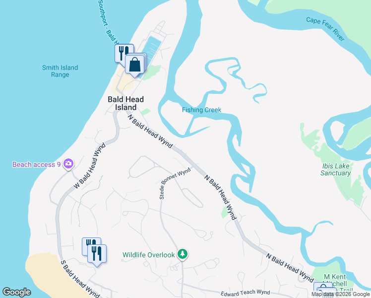 map of restaurants, bars, coffee shops, grocery stores, and more near 124 North Bald Head Wynd in Bald Head Island