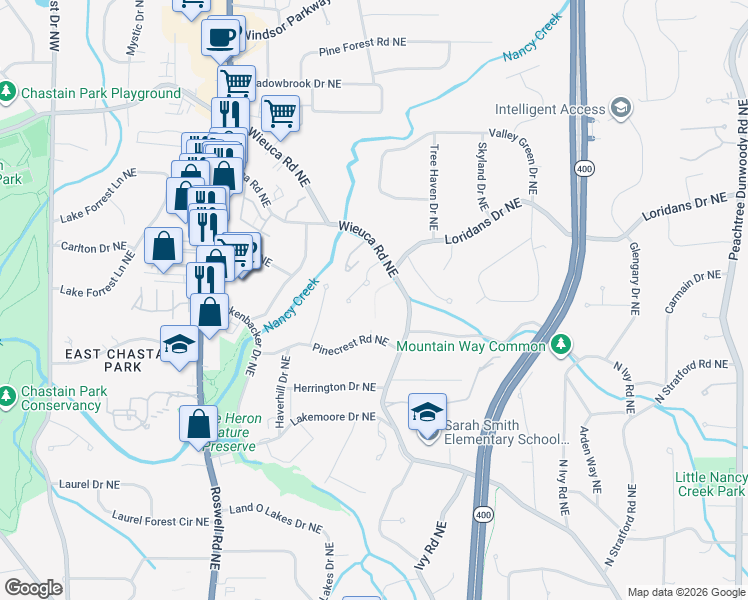 map of restaurants, bars, coffee shops, grocery stores, and more near 406 Pinecrest Road Northeast in Atlanta