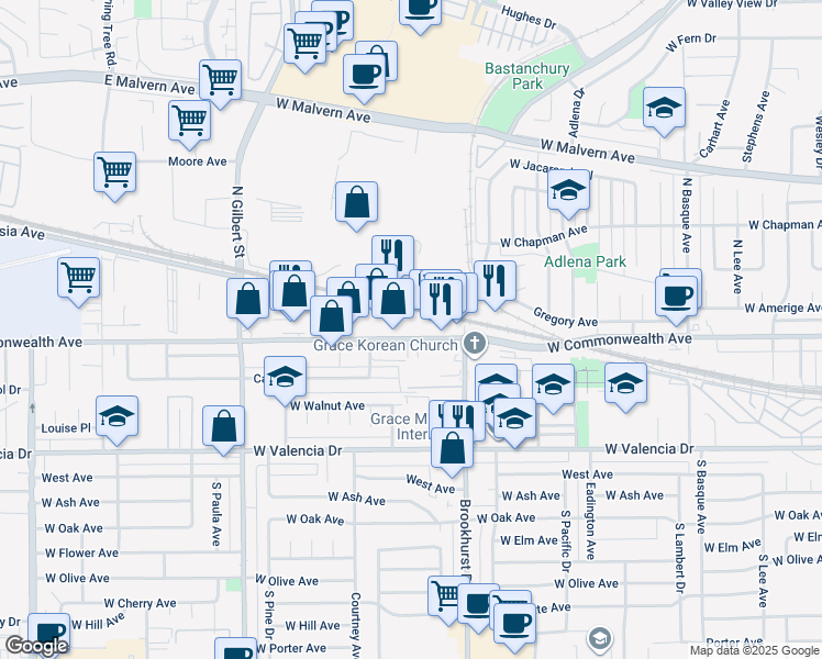 map of restaurants, bars, coffee shops, grocery stores, and more near 1840 West Commonwealth Avenue in Fullerton