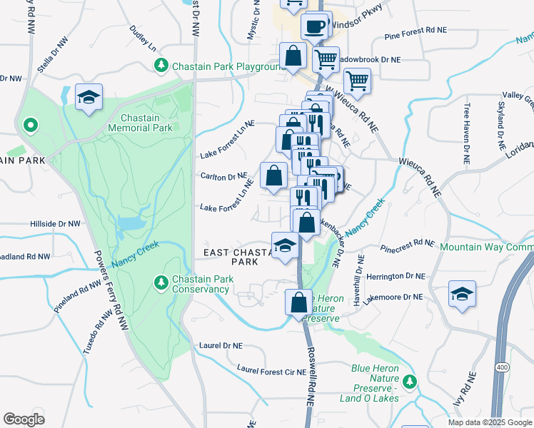 map of restaurants, bars, coffee shops, grocery stores, and more near 2 Walden Walk Northeast in Atlanta