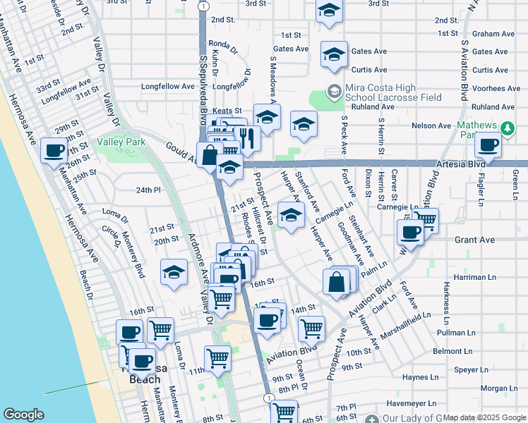 map of restaurants, bars, coffee shops, grocery stores, and more near 2025 Prospect Avenue in Hermosa Beach