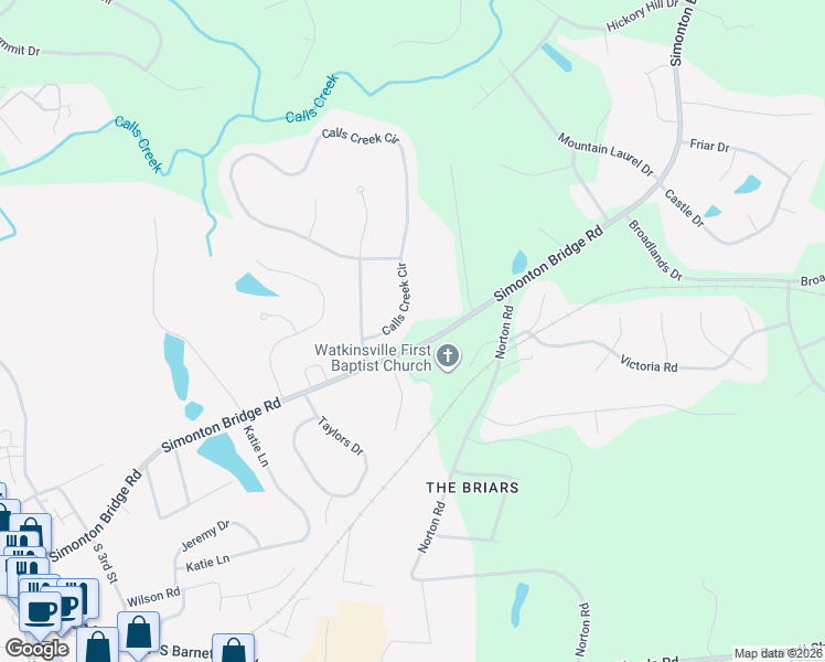 map of restaurants, bars, coffee shops, grocery stores, and more near 1040 Calls Creek Circle in Watkinsville
