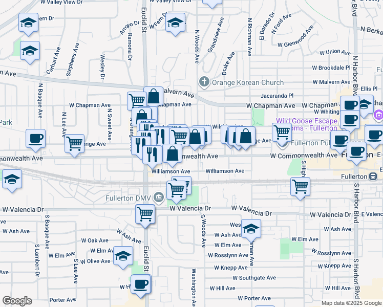 map of restaurants, bars, coffee shops, grocery stores, and more near 700 West Commonwealth Avenue in Fullerton