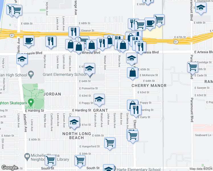 map of restaurants, bars, coffee shops, grocery stores, and more near 6364 Walnut Avenue in Long Beach