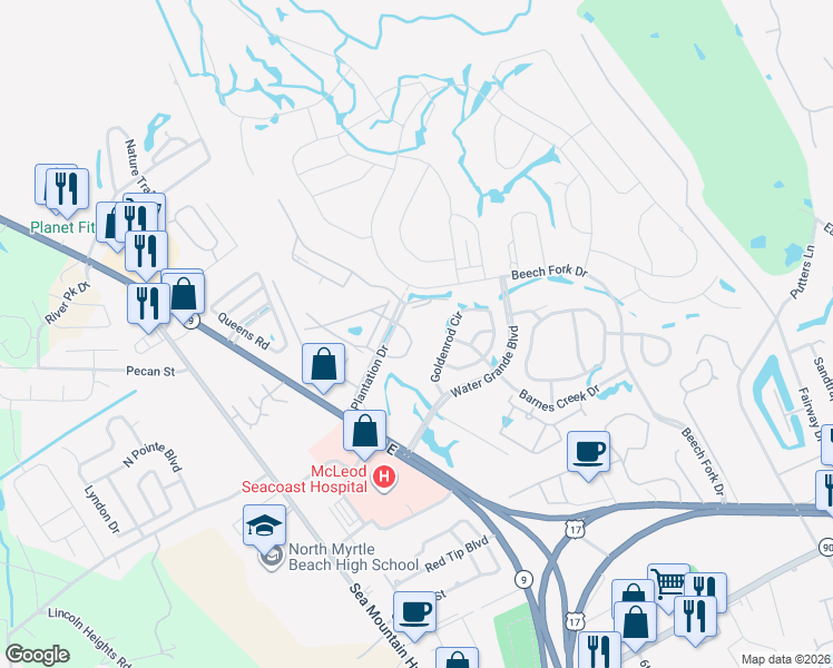 map of restaurants, bars, coffee shops, grocery stores, and more near 800 Egret Circle in Little River