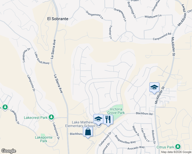 map of restaurants, bars, coffee shops, grocery stores, and more near 17191 Greentree Drive in Riverside