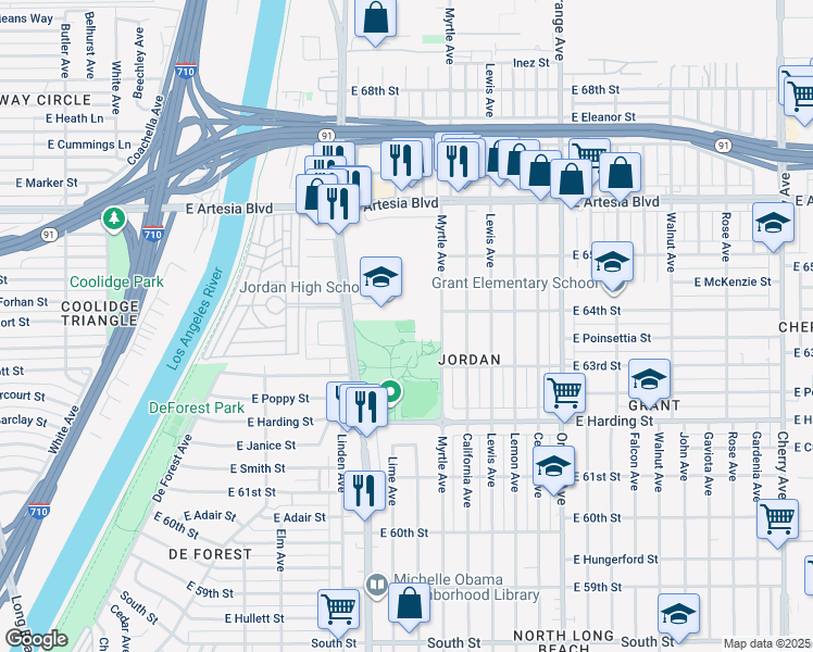 map of restaurants, bars, coffee shops, grocery stores, and more near 6301 Myrtle Avenue in Long Beach