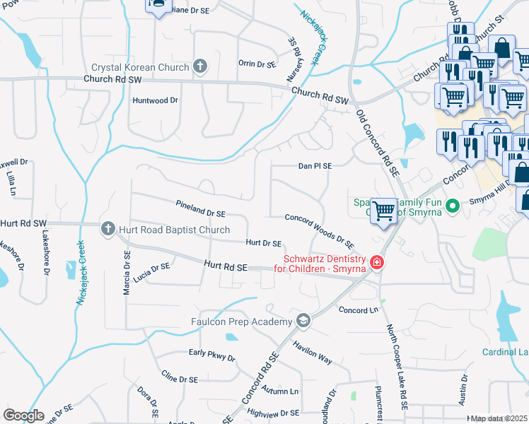 map of restaurants, bars, coffee shops, grocery stores, and more near 328 Concord Woods Drive Southeast in Smyrna