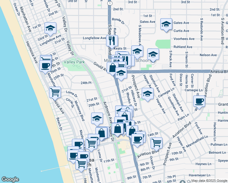 map of restaurants, bars, coffee shops, grocery stores, and more near 741 21st Street in Hermosa Beach