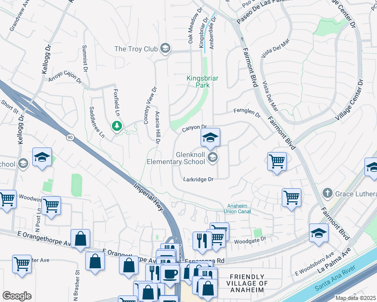 map of restaurants, bars, coffee shops, grocery stores, and more near 19631 Crestknoll Drive in Yorba Linda