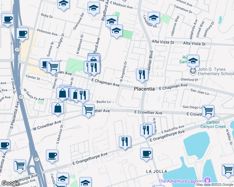 map of restaurants, bars, coffee shops, grocery stores, and more near 145 South Angelina Drive in Placentia