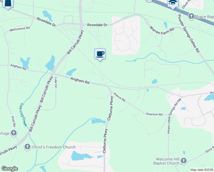 map of restaurants, bars, coffee shops, grocery stores, and more near 1474 Angham Road in Hiram
