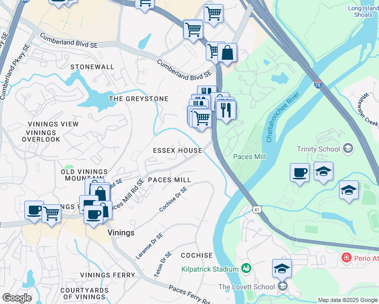 map of restaurants, bars, coffee shops, grocery stores, and more near 3685 Essex Avenue in Atlanta