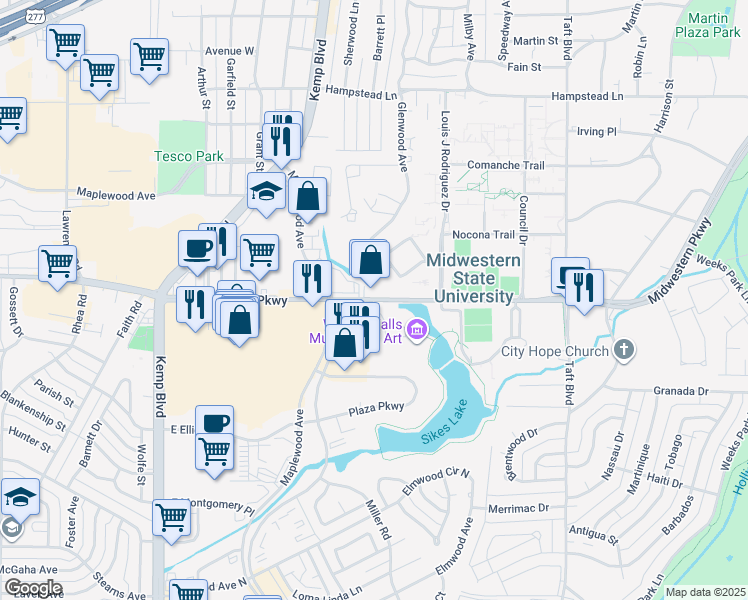 map of restaurants, bars, coffee shops, grocery stores, and more near 77 Eureka Circle in Wichita Falls