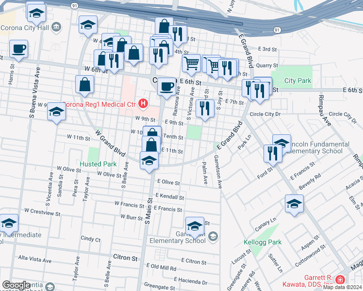 map of restaurants, bars, coffee shops, grocery stores, and more near 1101 Ramona Avenue in Corona