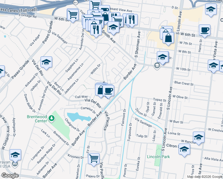 map of restaurants, bars, coffee shops, grocery stores, and more near 1186 Border Avenue in Corona