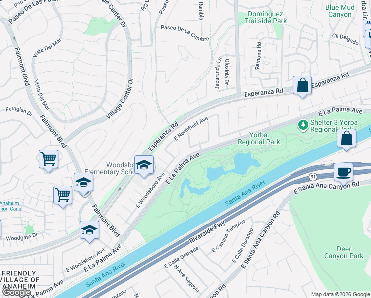 map of restaurants, bars, coffee shops, grocery stores, and more near 4 East La Palma Avenue in Anaheim
