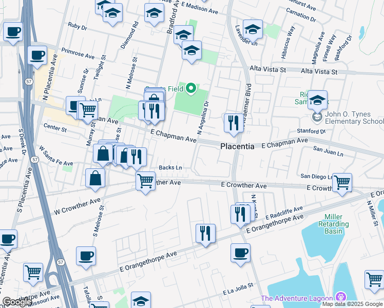 map of restaurants, bars, coffee shops, grocery stores, and more near 145 South Angelina Drive in Placentia