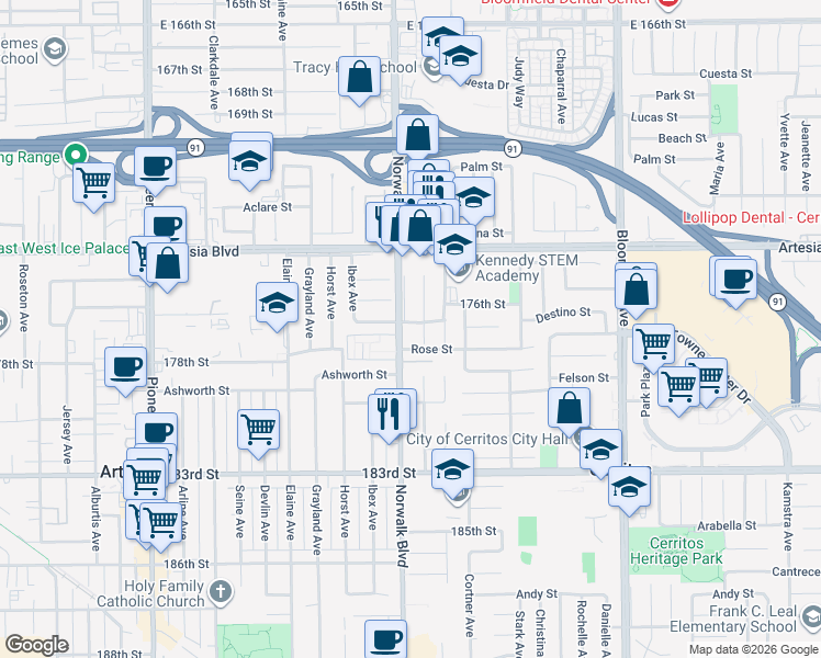 map of restaurants, bars, coffee shops, grocery stores, and more near 17721 Norwalk Boulevard in Artesia