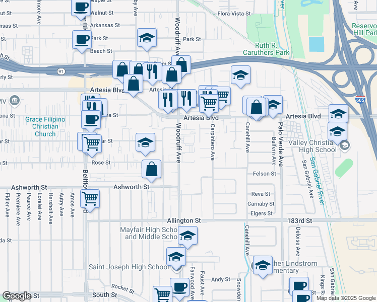 map of restaurants, bars, coffee shops, grocery stores, and more near 10253 Semora Street in Bellflower