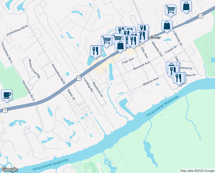 map of restaurants, bars, coffee shops, grocery stores, and more near 233 Banbury Drive in Little River