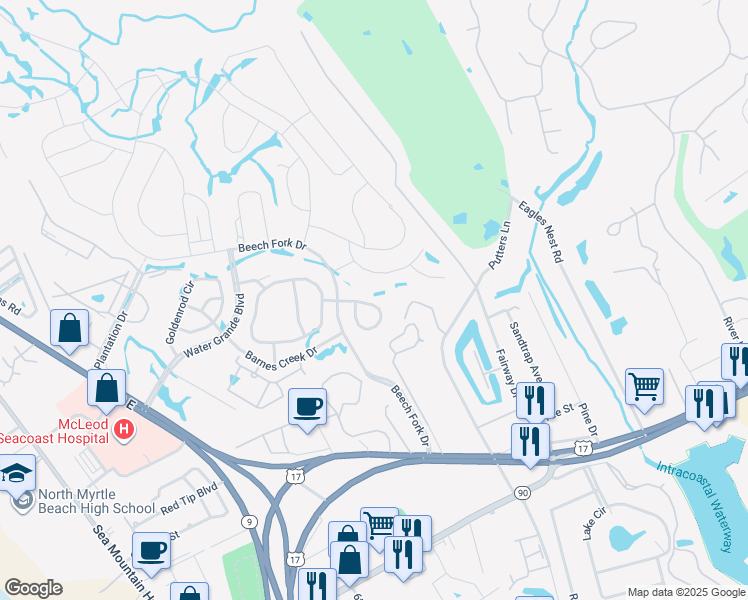 map of restaurants, bars, coffee shops, grocery stores, and more near 951 Lilyturf Circle in Little River
