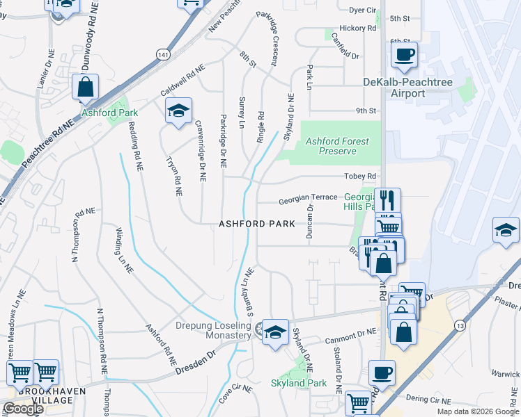 map of restaurants, bars, coffee shops, grocery stores, and more near 1755 Georgian Terrace in Chamblee