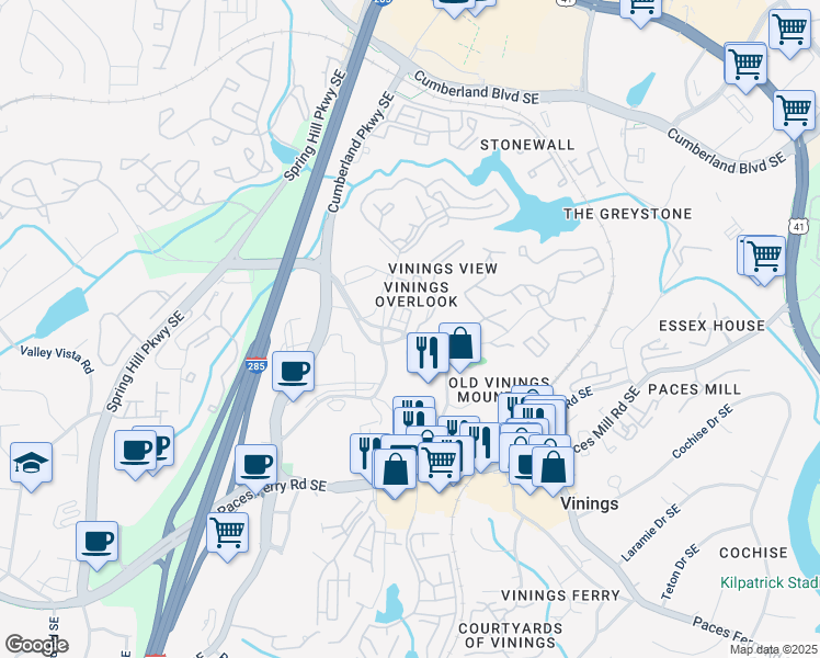map of restaurants, bars, coffee shops, grocery stores, and more near 2808 Mount Wilkinson Parkway Southeast in Atlanta