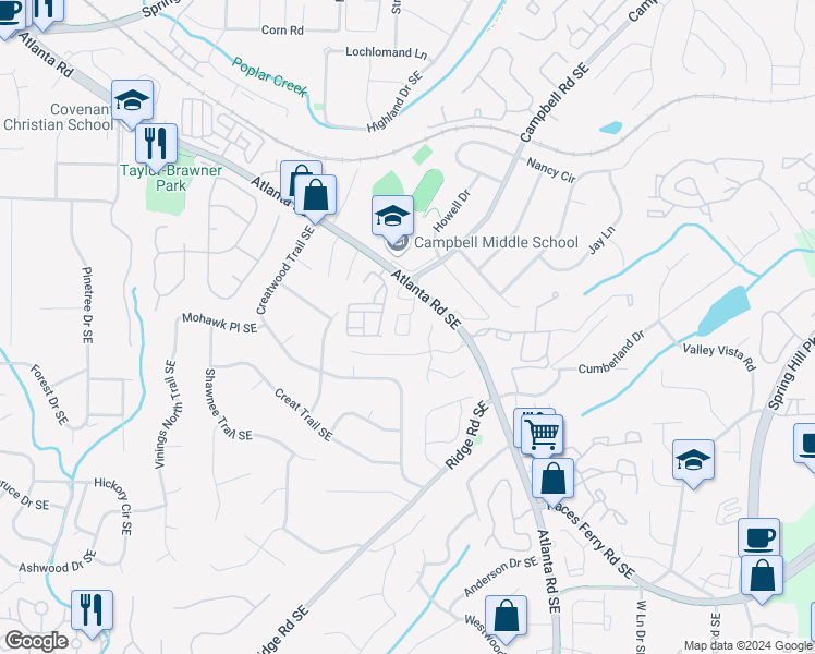 map of restaurants, bars, coffee shops, grocery stores, and more near 137 Rondak Circle in Smyrna