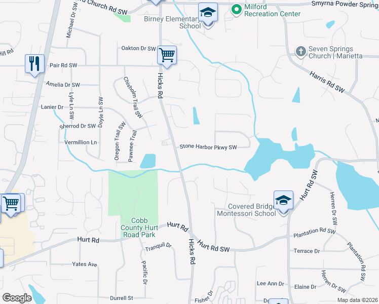 map of restaurants, bars, coffee shops, grocery stores, and more near 815 Stone Harbor Parkway Southwest in Marietta