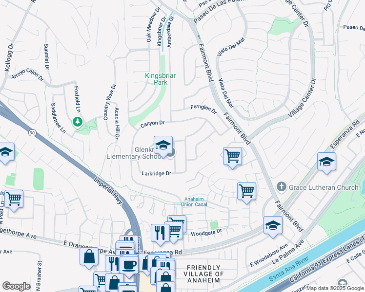 map of restaurants, bars, coffee shops, grocery stores, and more near 6352 Glendale Drive in Yorba Linda