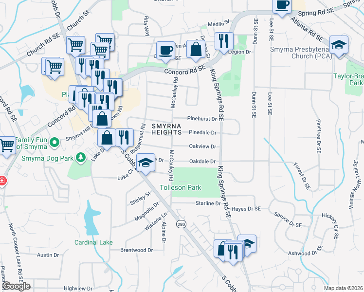 map of restaurants, bars, coffee shops, grocery stores, and more near Oakview Drive in Smyrna