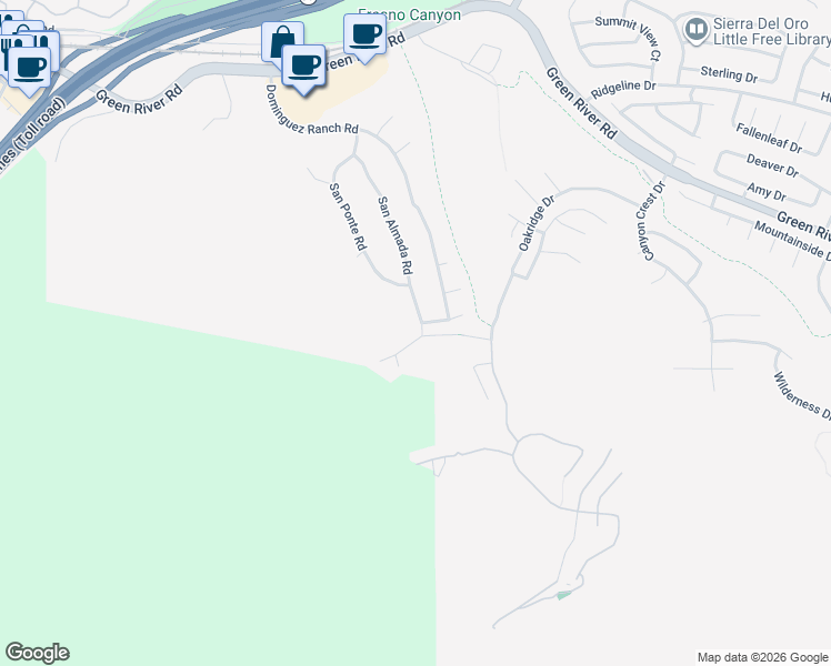 map of restaurants, bars, coffee shops, grocery stores, and more near 1680 San Almada Road in Corona