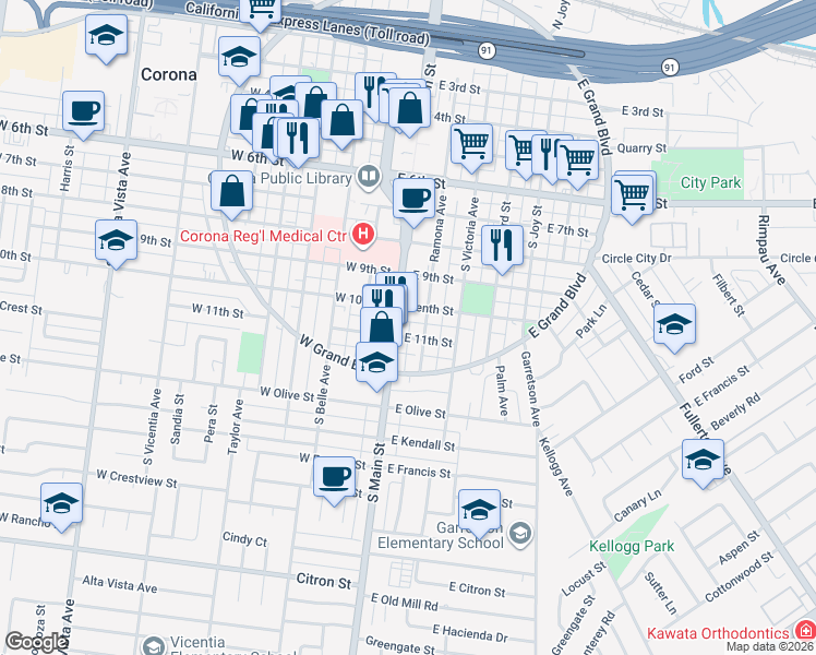 map of restaurants, bars, coffee shops, grocery stores, and more near in Corona