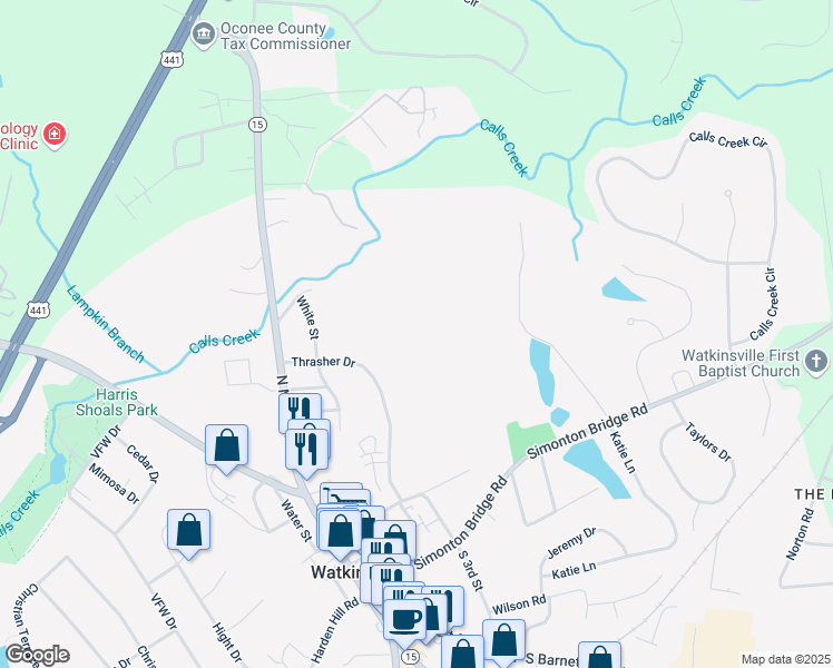 map of restaurants, bars, coffee shops, grocery stores, and more near 74 Thrasher Drive in Watkinsville