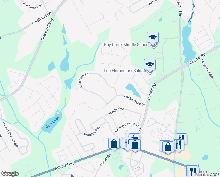 map of restaurants, bars, coffee shops, grocery stores, and more near 2538 Roseberry Lane in Grayson