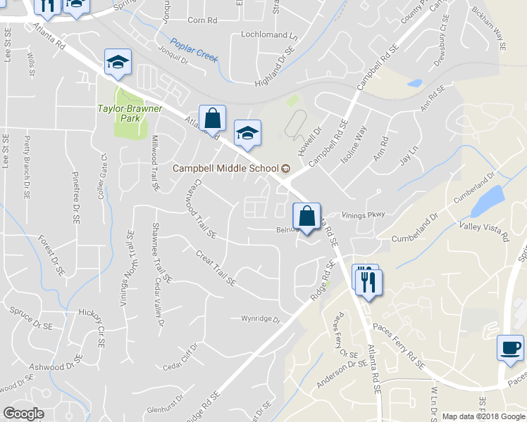 map of restaurants, bars, coffee shops, grocery stores, and more near 3436 Vintage Circle Southeast in Smyrna