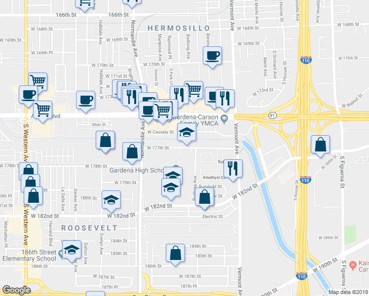 map of restaurants, bars, coffee shops, grocery stores, and more near 1304 West 177th Street in Gardena