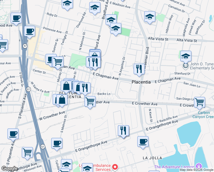 map of restaurants, bars, coffee shops, grocery stores, and more near 155 South Angelina Drive in Placentia