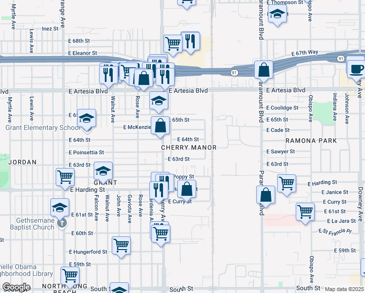 map of restaurants, bars, coffee shops, grocery stores, and more near 2132 East Poinsettia Street in Long Beach
