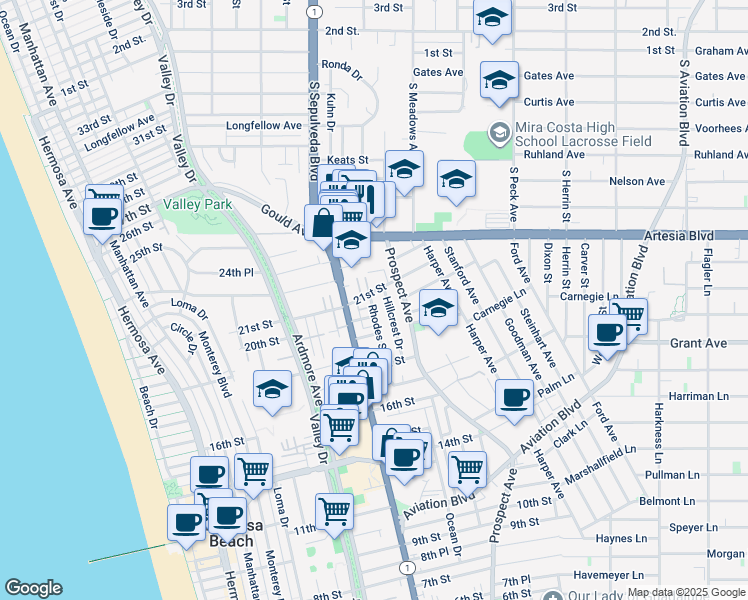 map of restaurants, bars, coffee shops, grocery stores, and more near 904 21st Street in Hermosa Beach