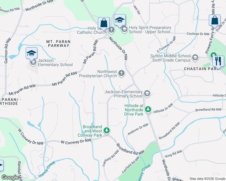 map of restaurants, bars, coffee shops, grocery stores, and more near 699 West Conway Drive Northwest in Atlanta
