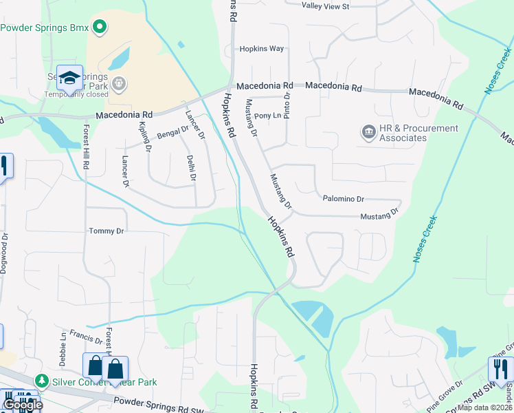 map of restaurants, bars, coffee shops, grocery stores, and more near 3424 Hopkins Road in Powder Springs