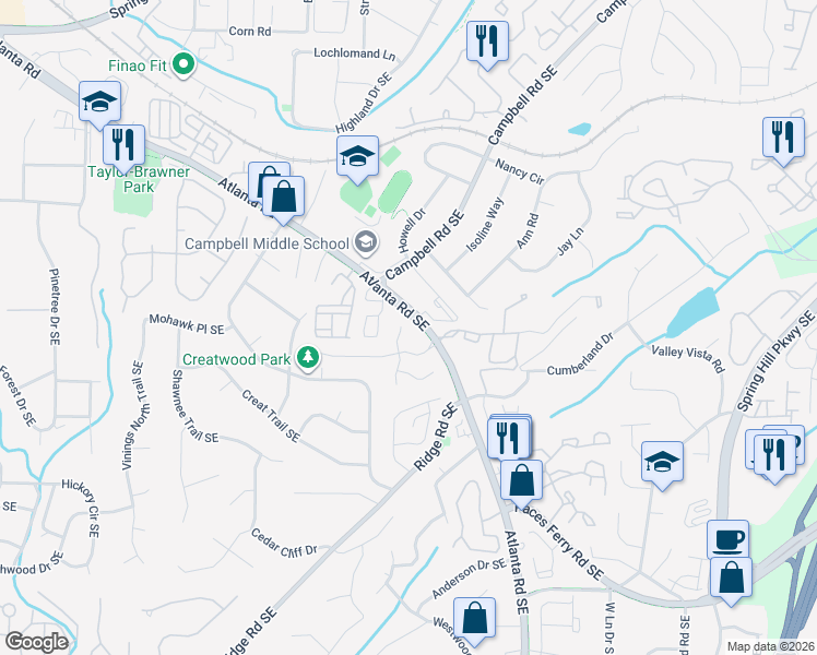 map of restaurants, bars, coffee shops, grocery stores, and more near 3408 Belridge Drive in Smyrna