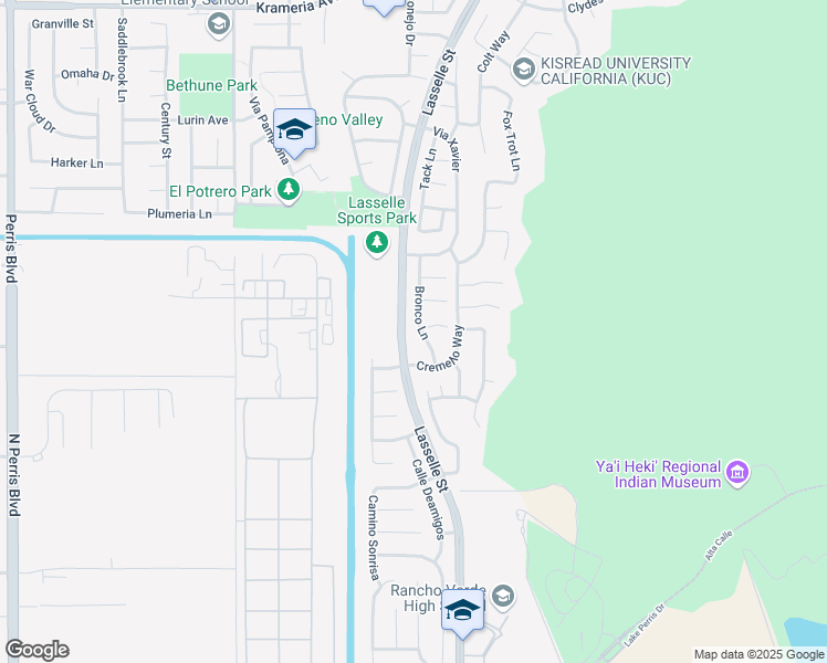 map of restaurants, bars, coffee shops, grocery stores, and more near 17265 Bronco Lane in Moreno Valley