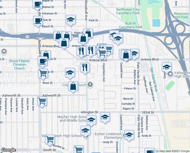 map of restaurants, bars, coffee shops, grocery stores, and more near 17818 Woodruff Avenue in Bellflower