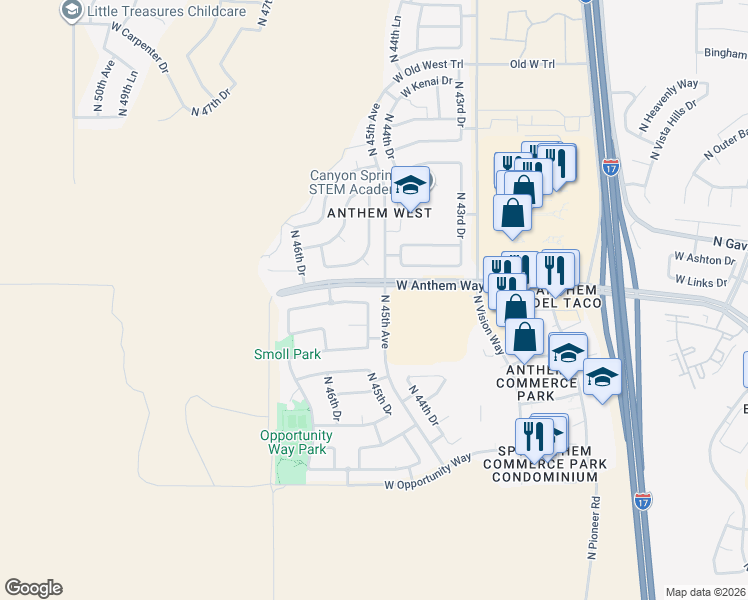 map of restaurants, bars, coffee shops, grocery stores, and more near 42509 North 45th Drive in Phoenix