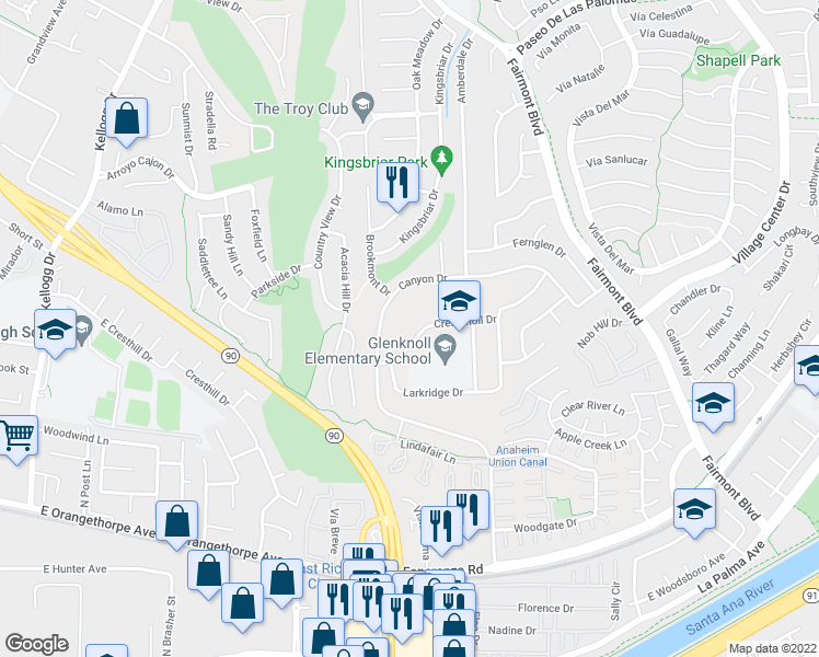 map of restaurants, bars, coffee shops, grocery stores, and more near 19631 Crestknoll Drive in Yorba Linda