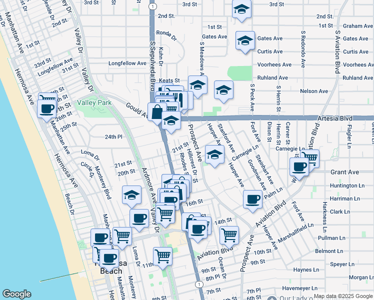map of restaurants, bars, coffee shops, grocery stores, and more near 849 20th Street in Hermosa Beach