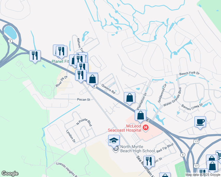 map of restaurants, bars, coffee shops, grocery stores, and more near 103 Queens Road in Little River